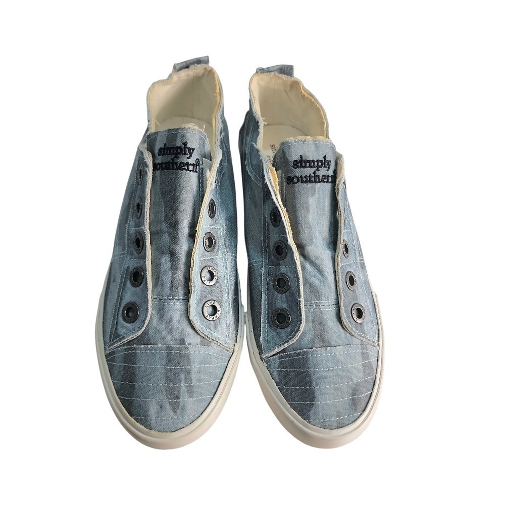 Simply Southern Blue Camo Distressed Slip On Sneakers Womens 7 Laceless Canvas